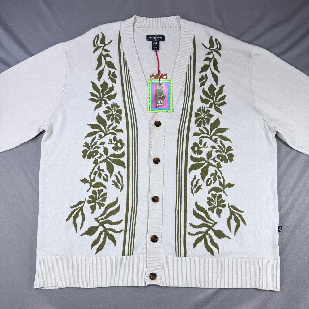 Houston White Mens XXL Cream Olive 100% Cotton Floral Knit Button Front Cardigan